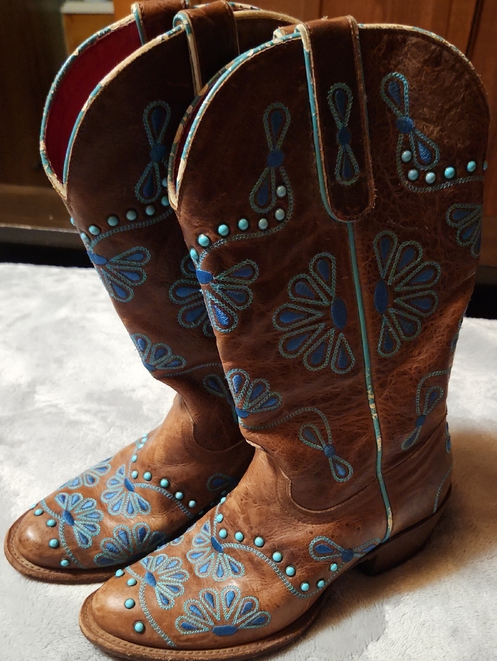 Vintage Brown Boots with Turquoise Trim and Red Lining